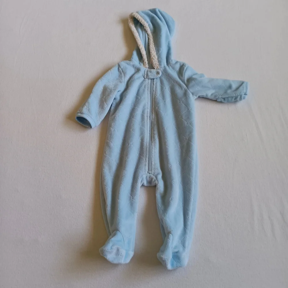 Blue Hooded Footie One Piece with Enclosed Feet Sz 3-6M With Zipper